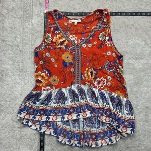 Patrons of Peace Boho Floral Peplum Top Small Orange Ruffle Tank